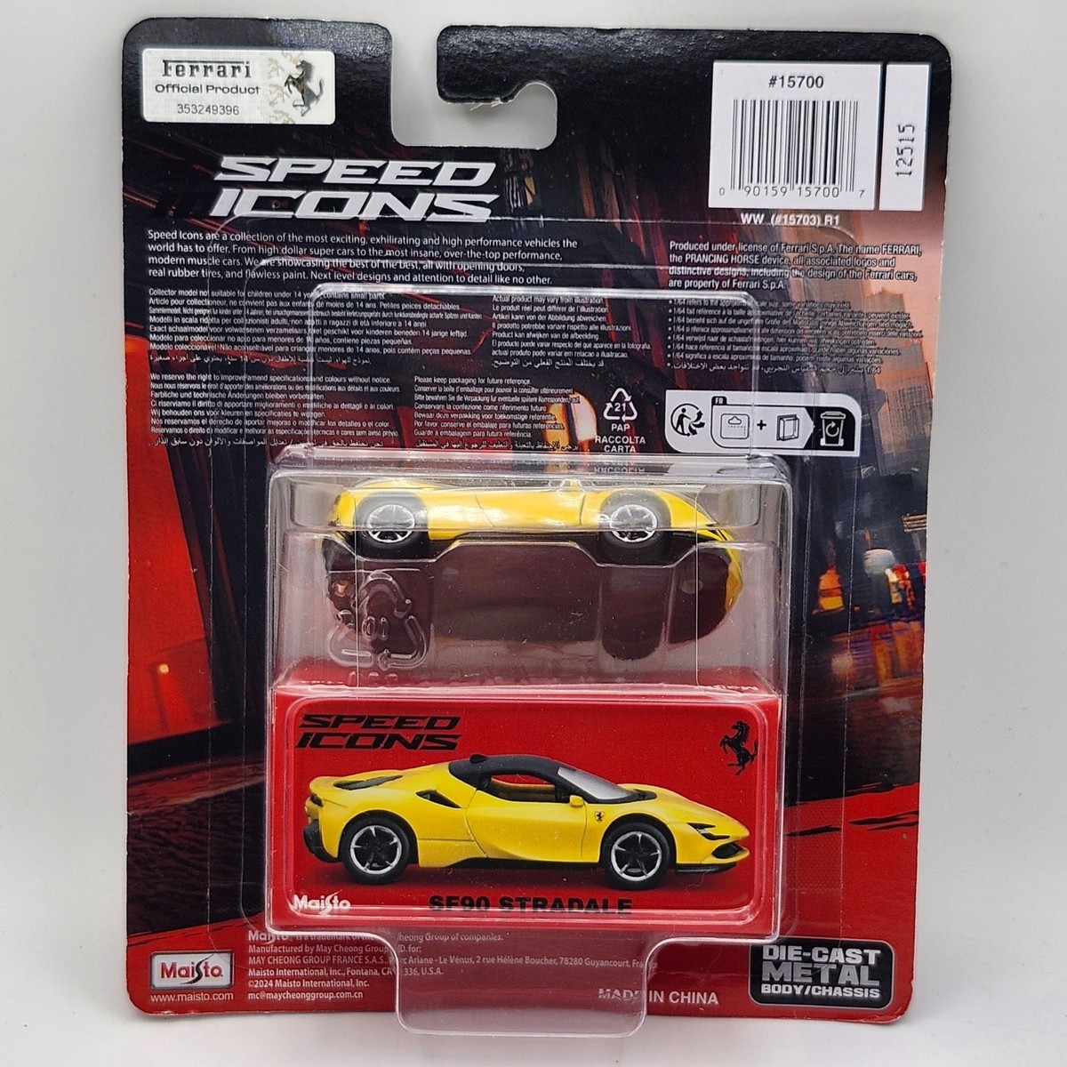 Maisto Speed Icons Ferrari SF90 Stradale DieCast Model Car Yellow