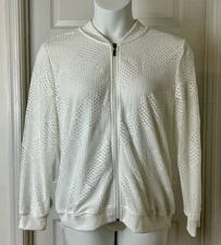 Alfred Dunner Jacket Womens 12 White Mesh Lace Full Zip Bomber Lightweight Layer