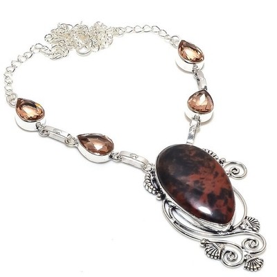 Natural Mahogany Obsidian Gemstone 925 Sterling Silver Jewelry Necklace Size 18''