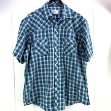 Wrangler Wrancher Men's Blue Green Plaid Pearl Snaps Short Sleeve Shirt Size XL