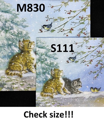 S111# 3 servilletas de papel pequeñas individuales decoupage invierno gatos y pájaros en ramas - Imagen 3 de 3
