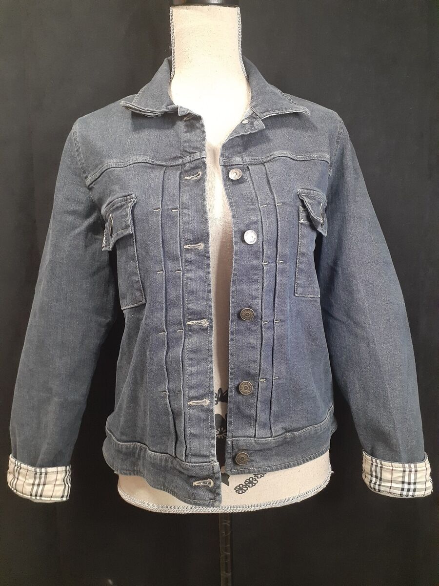 Burberry Women 10 Denim Jacket Nova Check Pleats Cornflower Burberry Women 10 Denim Jacket Nova Check Pleats Cornflower