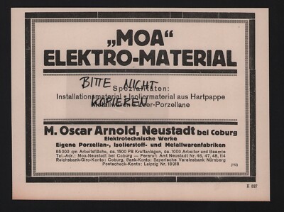 NEUSTADT COBURG, Werbung 1925, M. Oscar Arnold MOA Elektro-Material