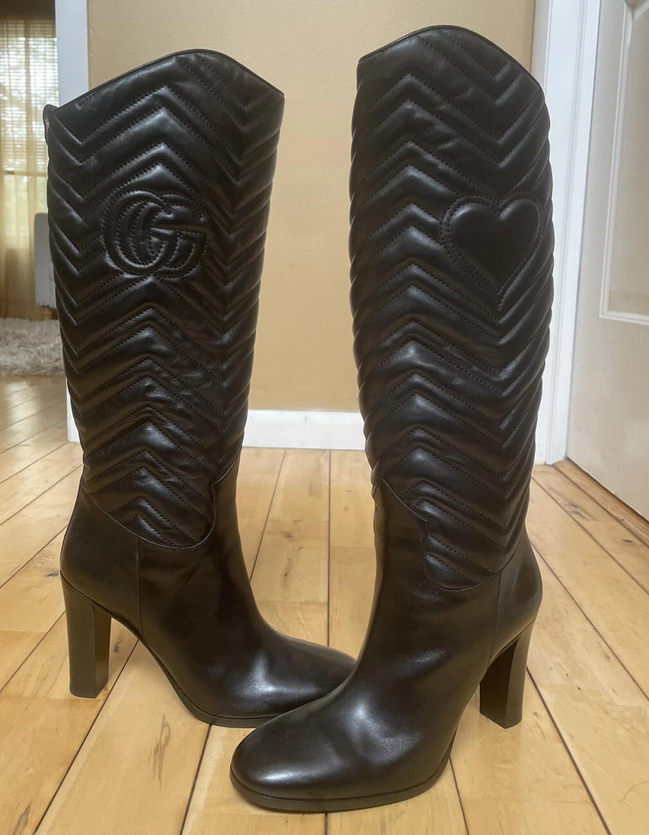 Authentic NWOB Gucci Women Black Leather Logo Heart Tall Boots Sz