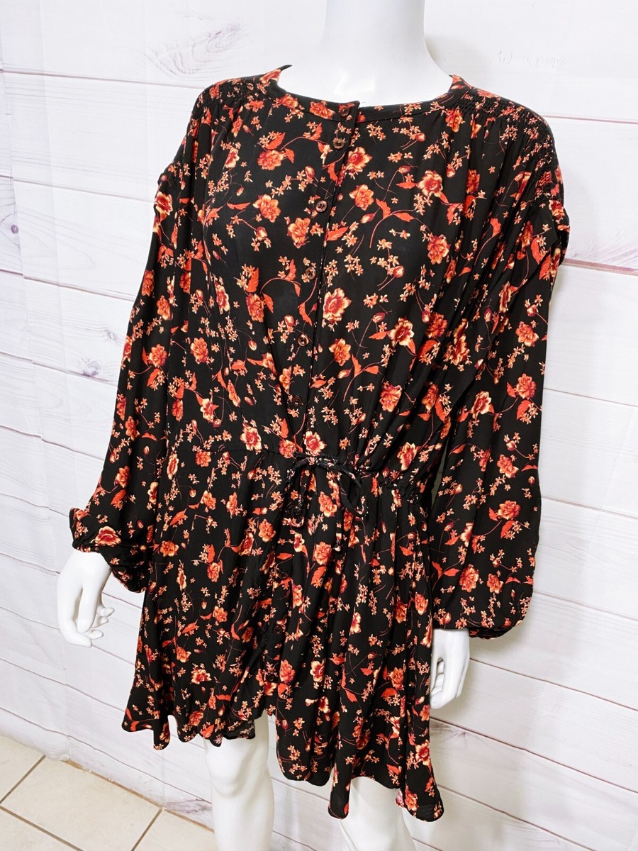 Free People Womens Mini Dress Size M Black Orange Floral Button