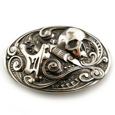 German silver belt buckle tattooist with skull, Tattoo machine, Skull buckle