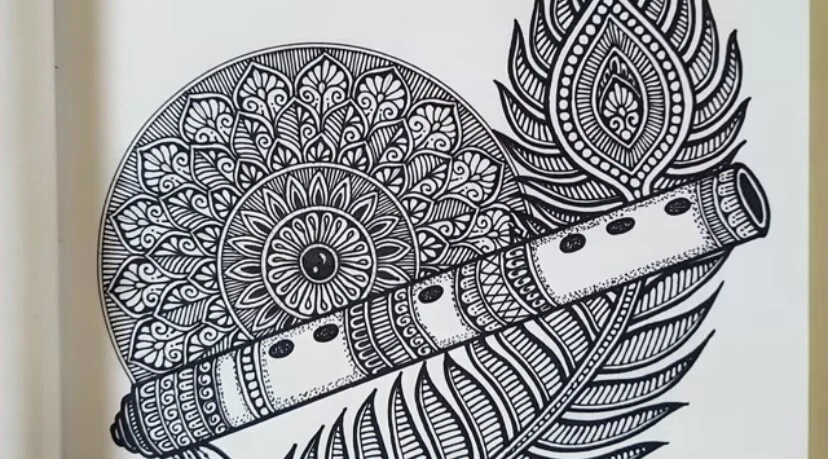 Hand Drawing Mandala-Black & White Original Unique Flute,Feather Mandala  Art.