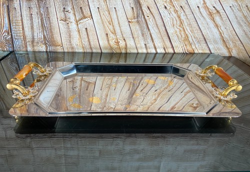 Sceddy Italy 18/10 Stainless Steel Serving Tray Floral Engraved Gold Accents MCM - Picture 8 of 13