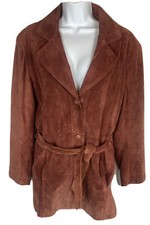 Deerskin Suede Leather Belted Coat Rust Brown Size 10 Collared 1970’s Button Up