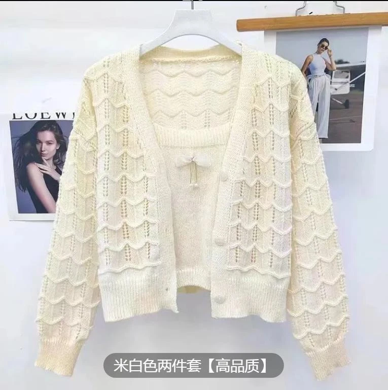 Mujeres Tejido Cárdigan Recortado Botón Suéter Tejido Cárdigan y Camisola Dos Piezas