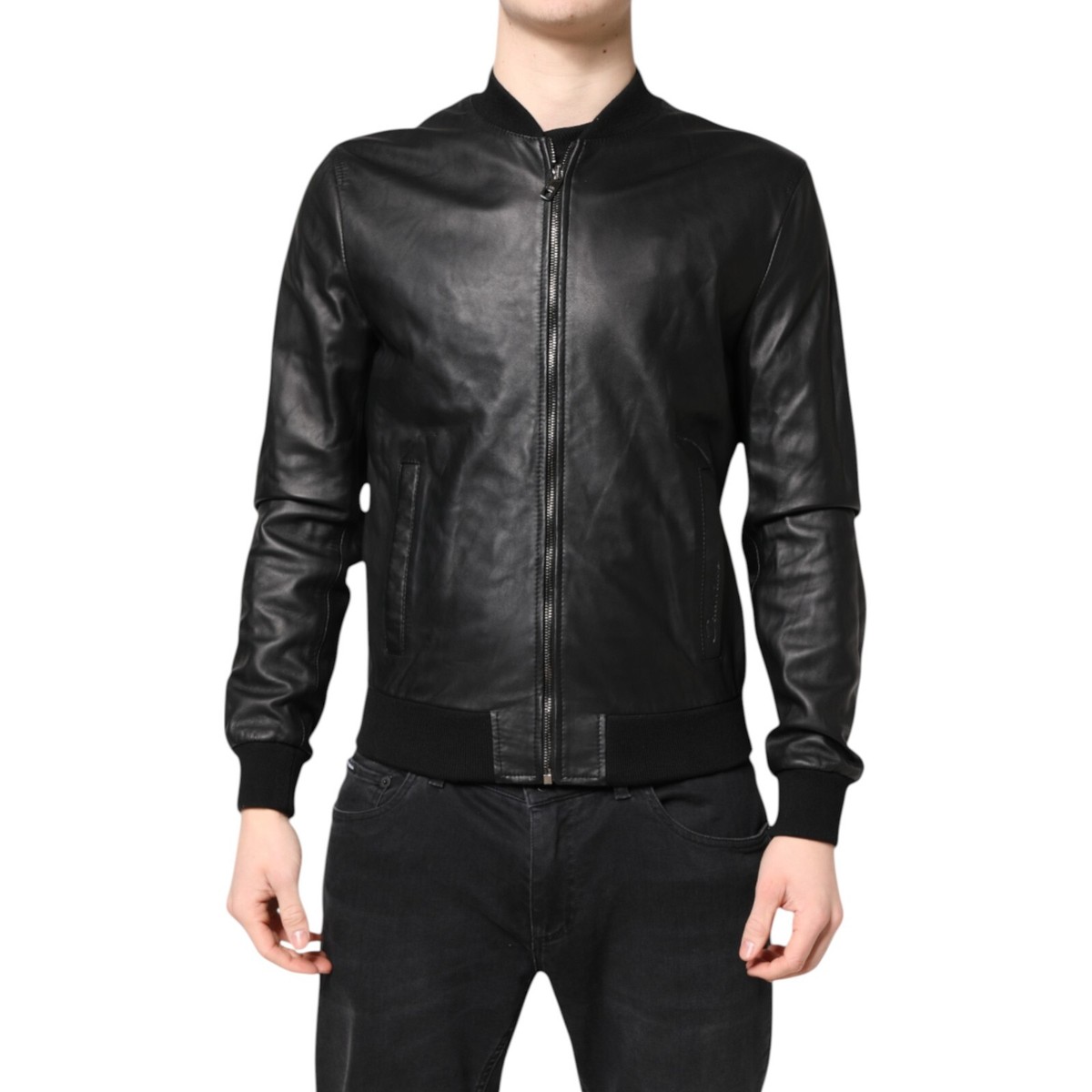 DOLCE & GABBANA Jacket Black Lambskin Leather Full Zip Biker IT48
