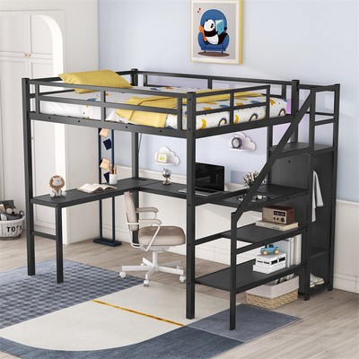 Full Size Metal LED Loft Bed with L-Shaped Desk ,Wardrobe for Teens Adults BLACK