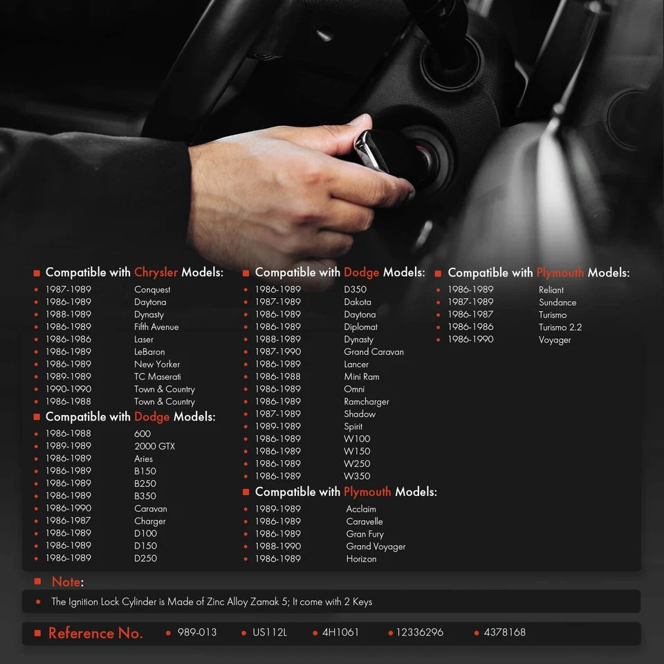 Cilindro de bloqueo de encendido Zamak 5 con llaves para Dodge Dynasty Chrysler Town & Country Foto 2 de 4