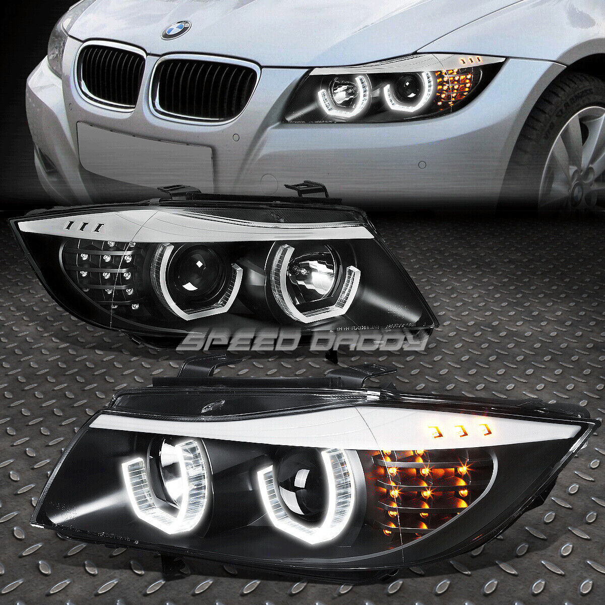 FOR 05-08 BMW E90 3-SERIES BLACK 3D CRYSTAL HALO PROJECTOR HEADLIGHT+LED  CORNER