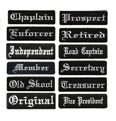 Choose OLD ENGLISH White on Black 3.5'' x 1'' Riding Club Rank iron on patches
