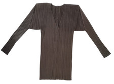 Issey Miyake Pleated Jacket Small Collarless Lightweight Open Front Brown V Neck