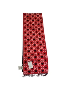 Foulard long Gucci rouge/bleu laine GG motif coeurs étoiles et franges