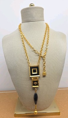 Karl Lagerfeld Black Enamel Gold Plated Dangle Pendant Chain Necklace Runway