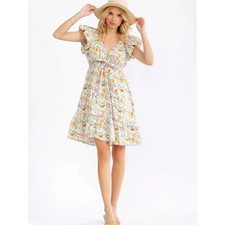 Gilli White Floral Ruffle V-Neck Mini Dress Medium NWT
