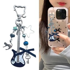 Y2K Guitar Cat Key Chain For Men Women Pentagram Bow Pendant Fashion Rock Punk