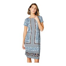 J Jill Womens Blue Floral Mix Print Short Sleeve Wearever Sheath Dress Medium