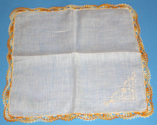 Lady's Vintage Handkerchief Embroidered Corner Gold  White Crocheted Border