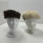 Lot 2 Vintage Brown Ivory Feather Pillbox Fascinator Cocktail Hats Womens
