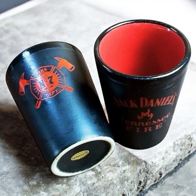 (2) Jack Daniels TENNESSEE FIRE DEPT Black Red Ceramic Shot Glasses Whiskey