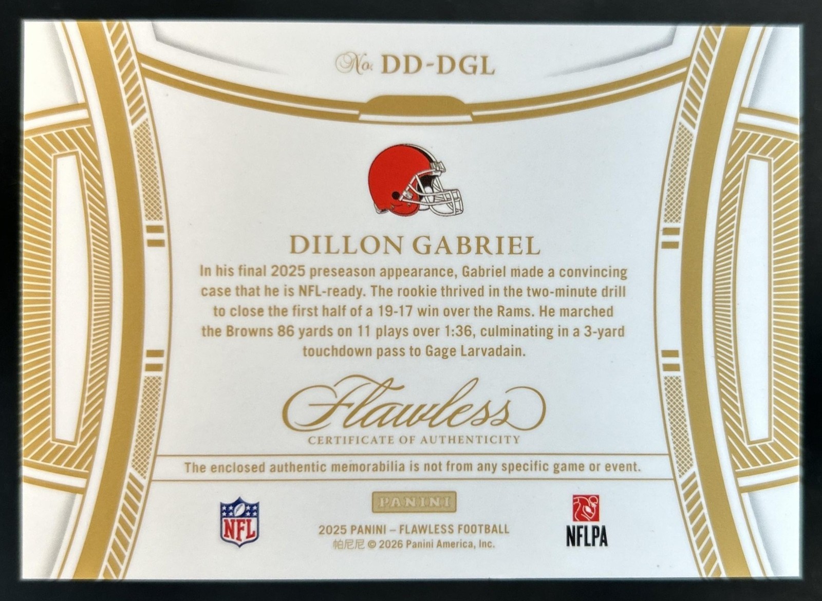 2025 Panini Flawless Dillon Gabriel Debut Duals Brand Logos Nike Patch RC #1/1 view 2