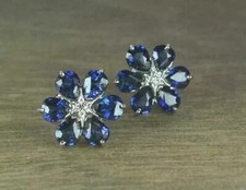 3.5Ct Lab Created Sapphire Diamond Flower Stud Earrings 14K White Gold Finish.