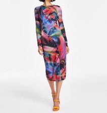Vince Camuto Women's Red Blue Printed Mesh Ruched Bodycon Dress Size 8