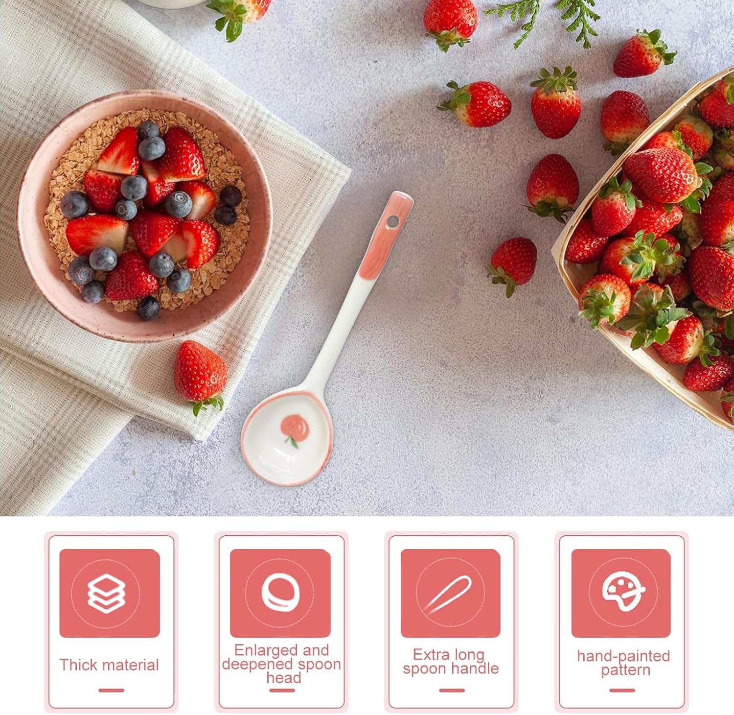 Honbay 4PCS Long Handle Ceramic Soup Spoons Cute Fruit Strawberry Multicolor 