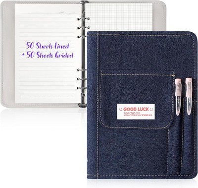 Toplive A5 Refillable Notebook Binder, A5 Denim 6 Ring Binder Cover with 100 She