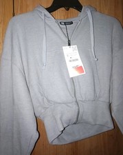 ZARA Full Zip Hooded Ribbed Hoodie Gray Solid Drawstring Long Sleeve S