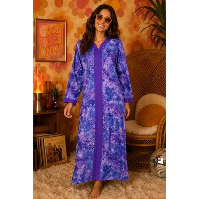 Collections Etc Floral Zip Front House Dress Boho Grannycore Retro Purple Poly M