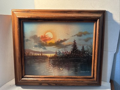 signed Terence, oil on canvas, framed, Still life Tidal Ocean Birds 13x11  Fj