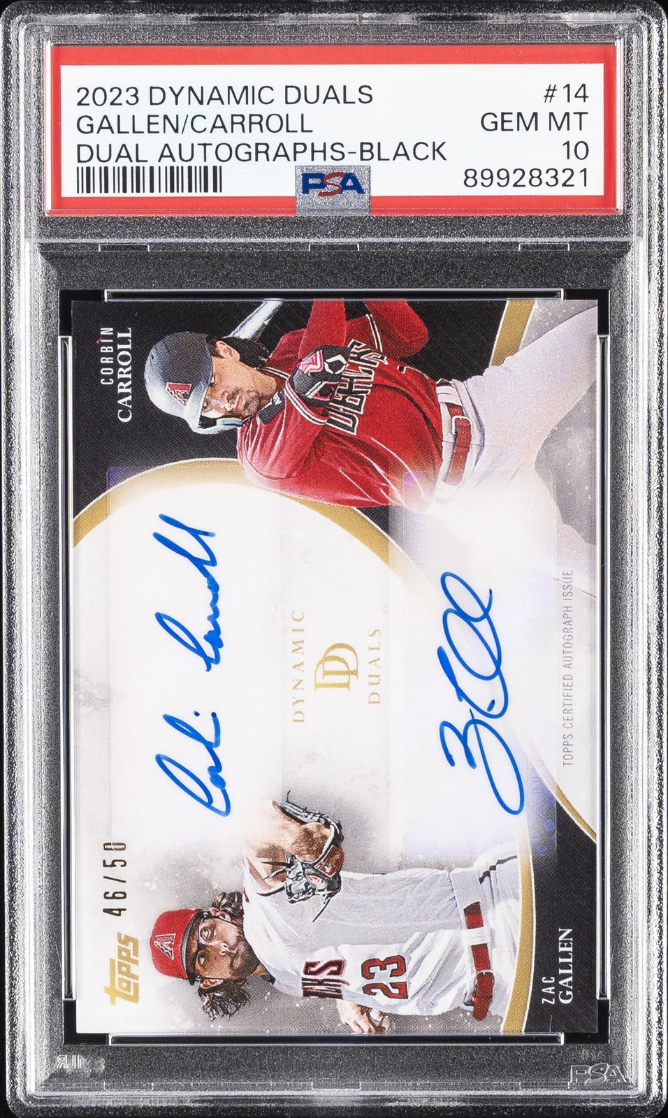 2023 TOPPS DYNAMIC DUALS DUAL AUTO-BLACK CORBIN CARROLL/ZAC GALLEN 46/50 PSA 10 view 1