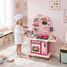 Qaba Kids Kitchen Playset with Lights, Sounds, Play Kitchen, Pink