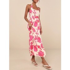 Lulus Layton Maxi Dress Women L Pink Cream Floral Back Zip Halter Neck Side Slit