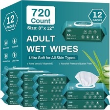 720 Count 12 Packs of 60 Wipes for Adults, 8" x 12" Extra Large for...