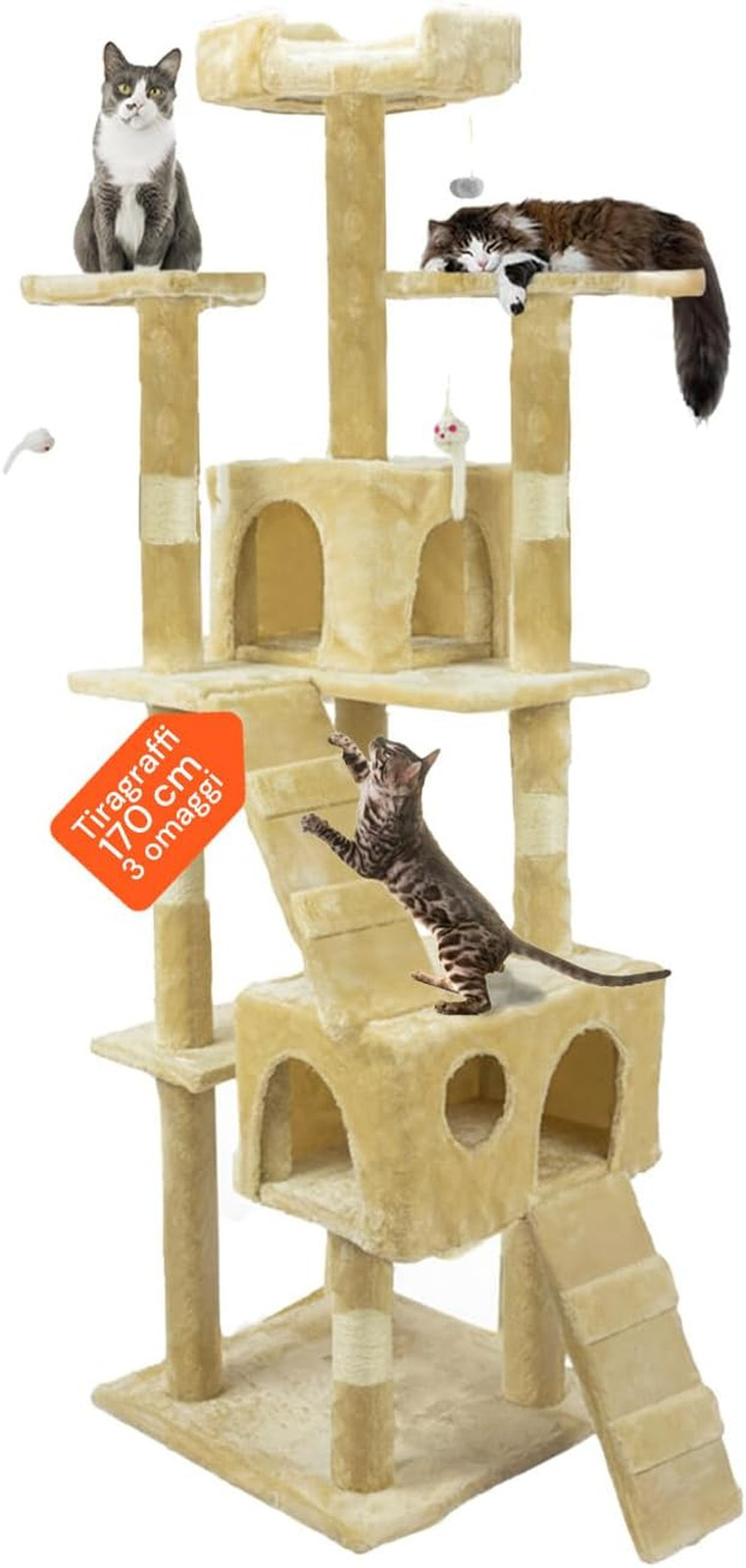 Tiragraffi 170cm XXL Albero per Gatti con Cuccia e Gioco | Robusto