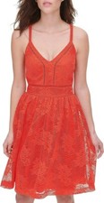 NEW GUESS Women's Sleeveless Fit and Flare Midi Dress Hot Coral Size 2