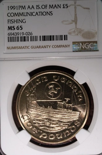 1991 PM AA NGC MS65 FIVE POUNDS ISLE OF MAN COMMUNICATIONS FISHING