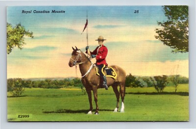 Royal Canadian Mountie On Horse Holding Flag Linen Postcard Colourpicture