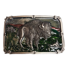 Siskiyou Belt Buckle Bison Buffalo Metal Green Lacquer 1984 Vintage Gray Oregon