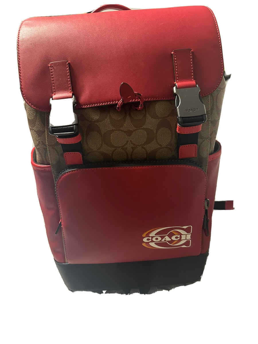 coach backpack signature charcoal & true red f71973 Court In Maxi Canvas Signature Coated Canvas And Refined Pebble Leatherinside Zip And Multifunction Pocketsdouble Zip Closure Coach (CE543) Track Colorblock Khaki
