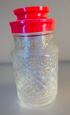 Retro Anchor Hocking Tang Glass Jar 8” Inch Red Plastic Lid Diamond Pattern