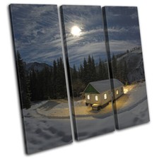 Mountain Cabin Moon Tranquil Landscapes TREBLE CANVAS WALL ART Picture Print