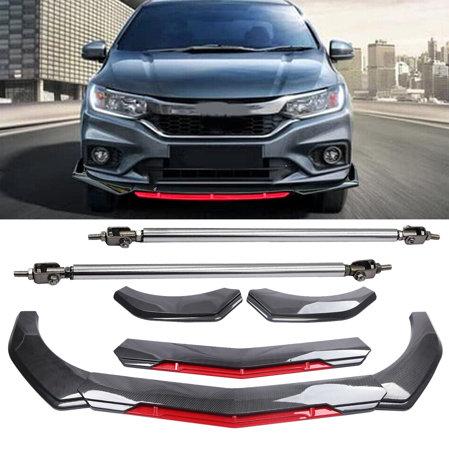For 3-07 Honda Accord Front Bumper Lip Spoiler Splitter Strut Rod Carbon Fiber