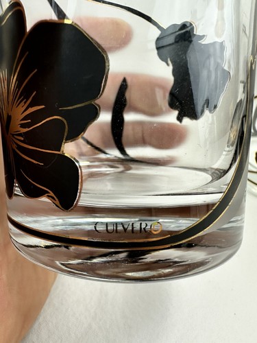 Set of 4 Culver MCM POPPY flower Gold Black Old Fashioned Rocks Cocktail Glasses - Picture 9 of 10